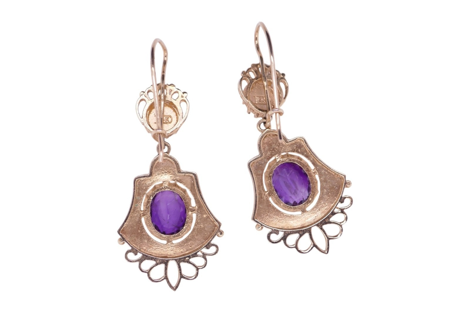 Vintage 14K Gold Amethyst & Pearl Drop Earrings Ornate Filigree Design