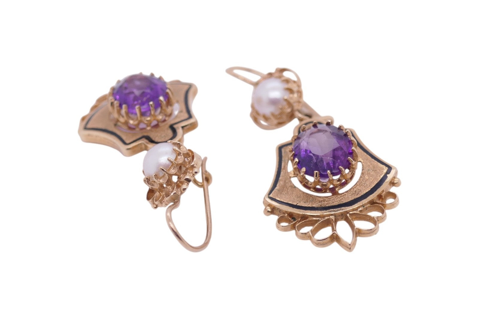 Vintage 14K Gold Amethyst & Pearl Drop Earrings Ornate Filigree Design