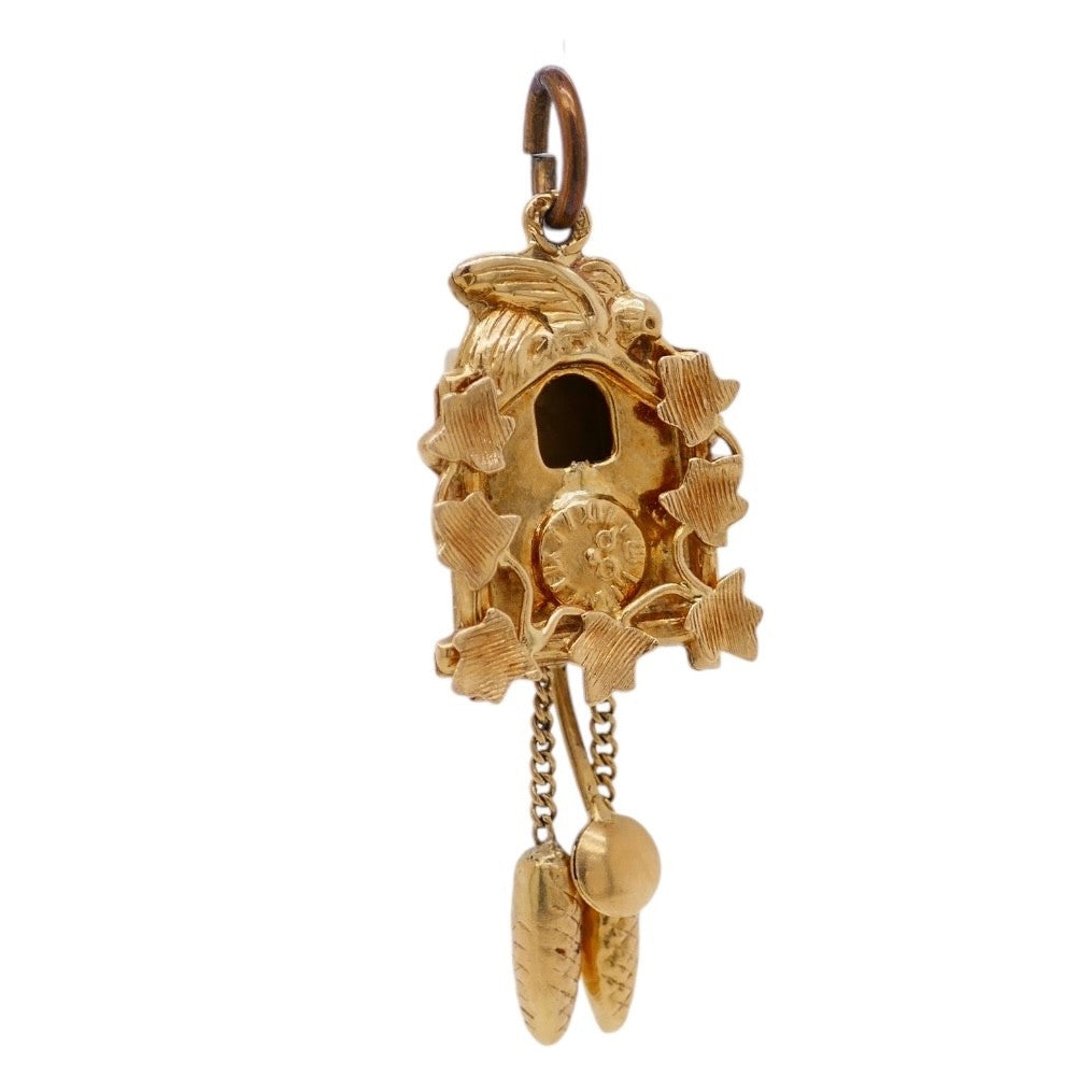 Vintage 18K Gold Cuckoo Clock Charm With Moving Weights