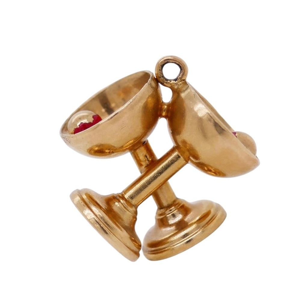 Vintage 14K Gold Pair of Goblets Charm With Red Enamel Accents