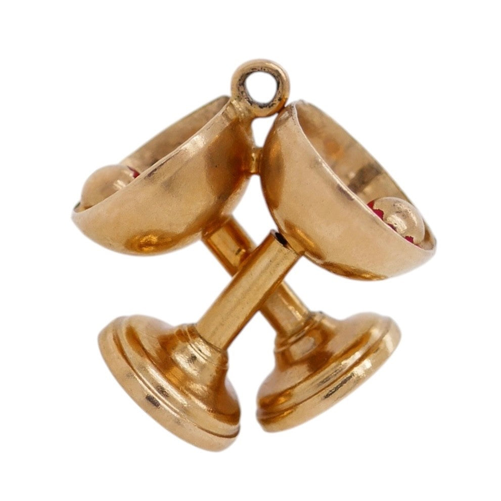Vintage 14K Gold Pair of Goblets Charm With Red Enamel Accents