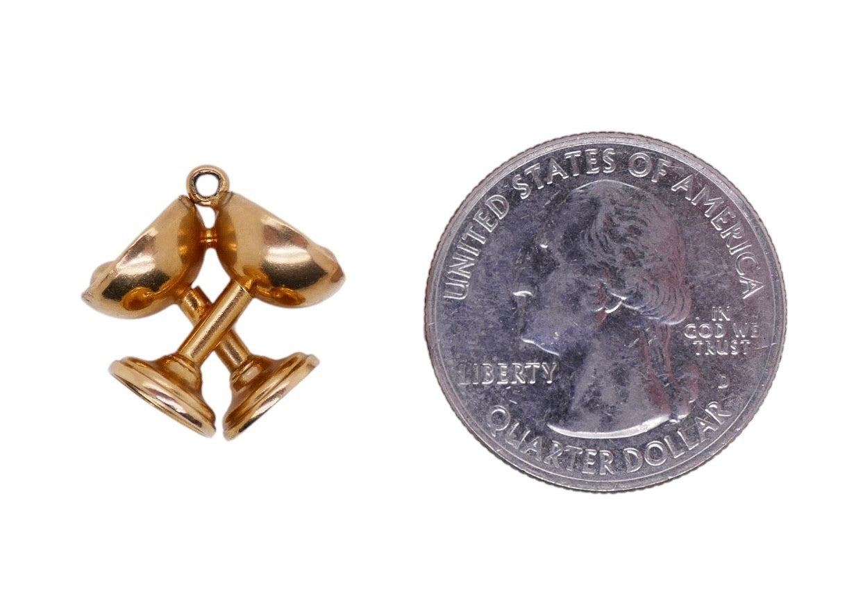 Vintage 14K Gold Pair of Goblets Charm With Red Enamel Accents