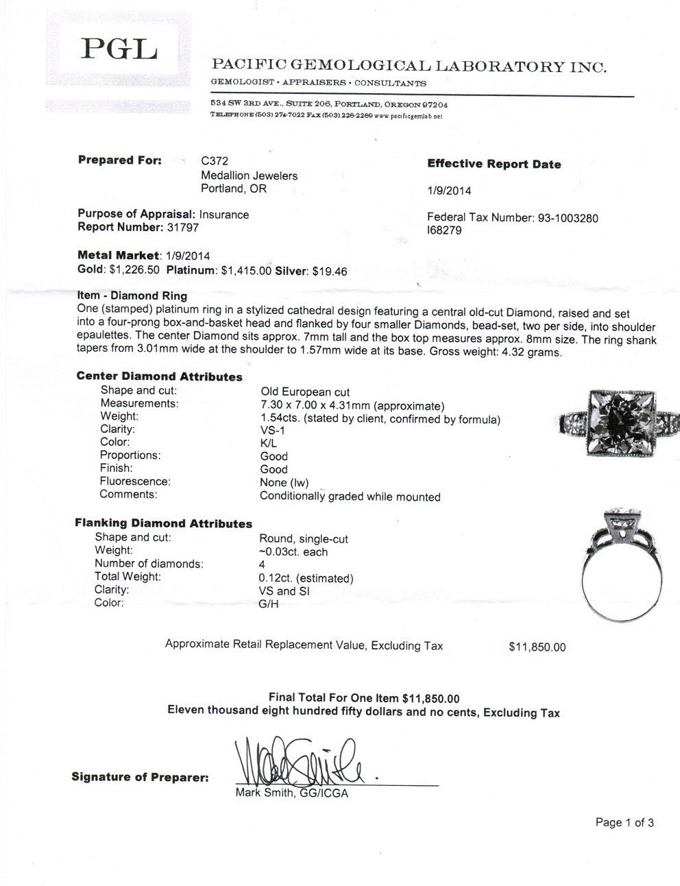 Vintage Platinum Diamond Ring with 1.54 ct Old European Cut Diamond