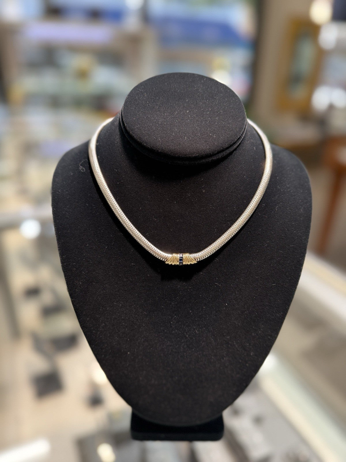 Sterling Silver & 14k Yellow Gold Snake Chain Necklace With Sapphires 16"