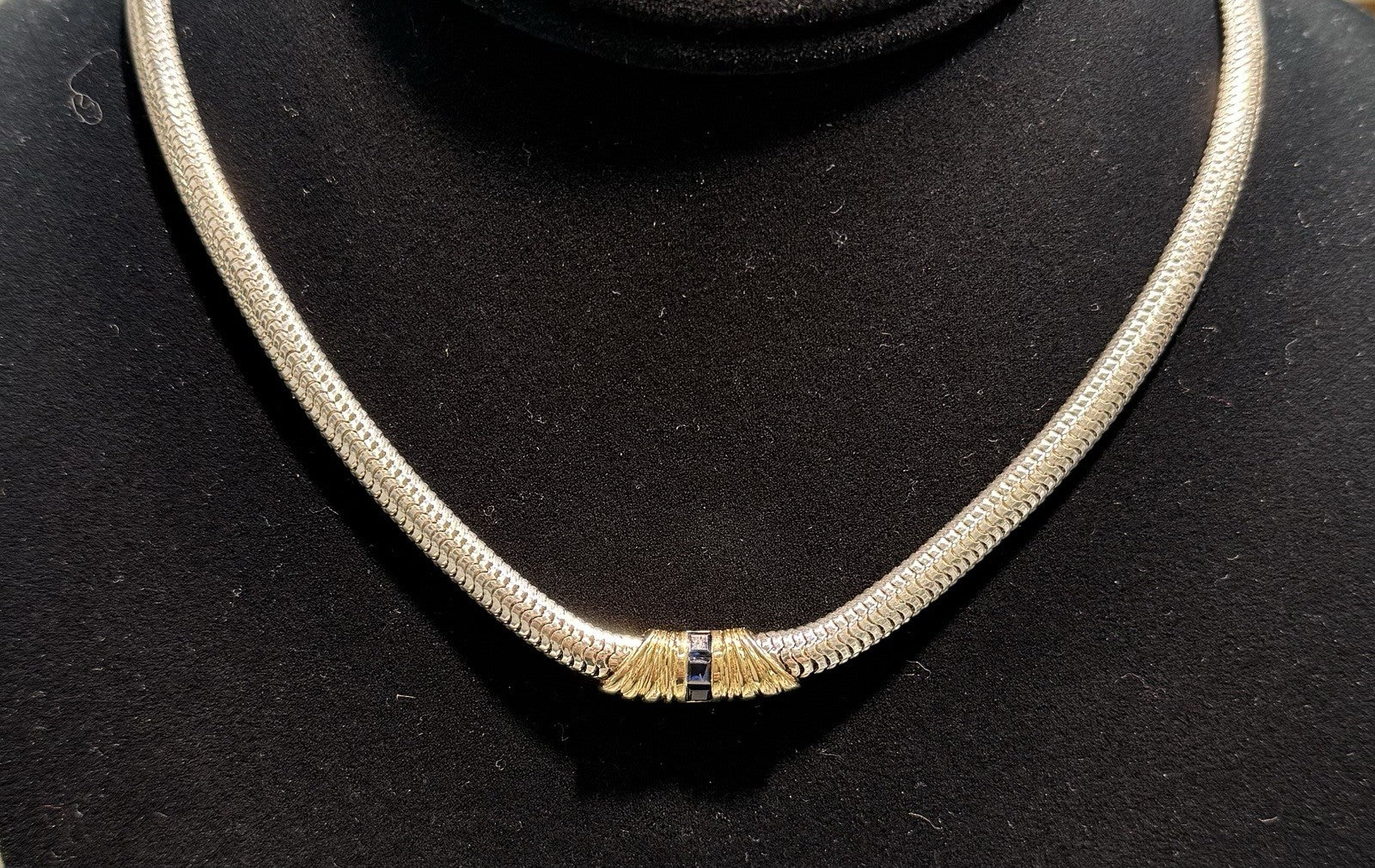 Sterling Silver & 14k Yellow Gold Snake Chain Necklace With Sapphires 16"