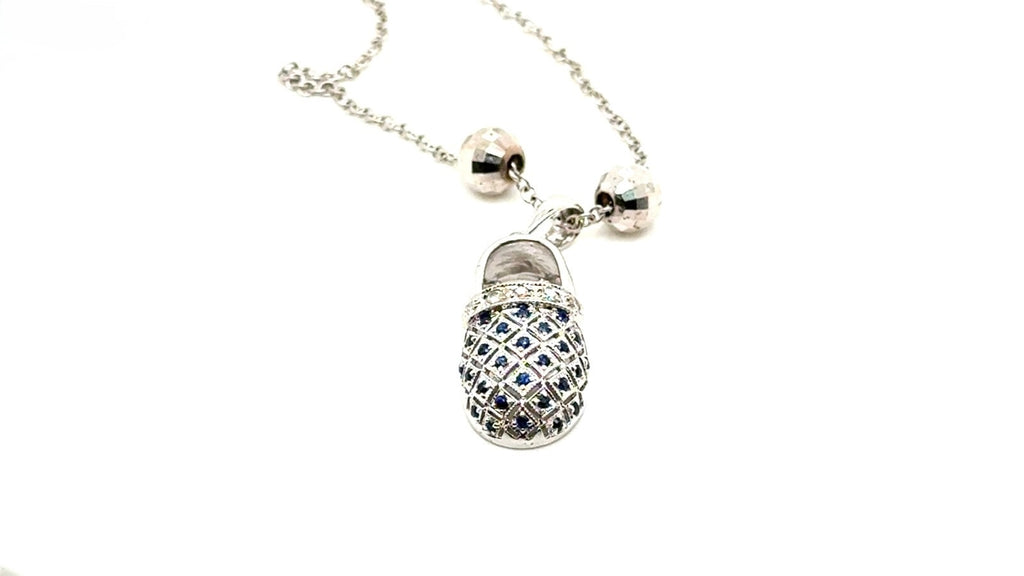 Baby Shoe Pendant Necklace in 14K White Gold with Diamonds & Sapphires