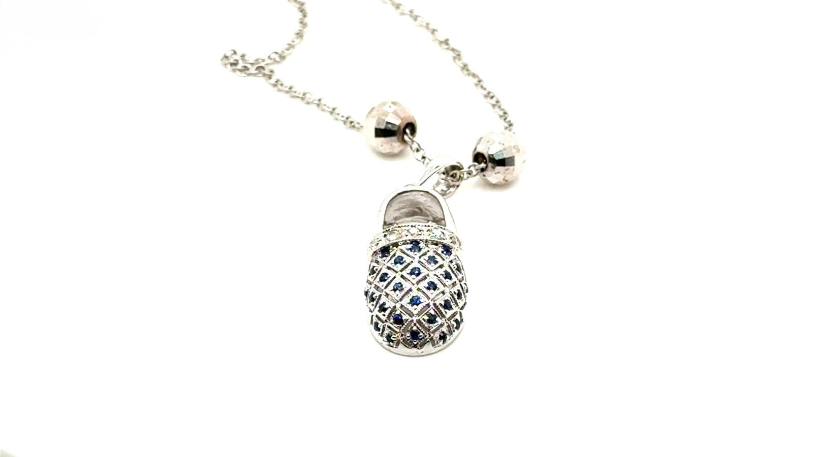 Baby Shoe Pendant Necklace in 14K White Gold with Diamonds & Sapphires