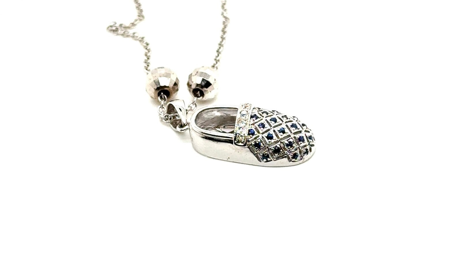 Baby Shoe Pendant Necklace in 14K White Gold with Diamonds & Sapphires