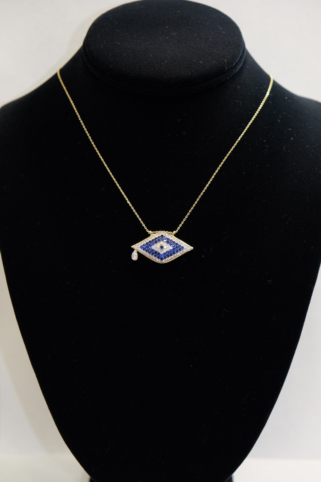 14K Gold Evil Eye Necklace with Blue & White CZ Stones