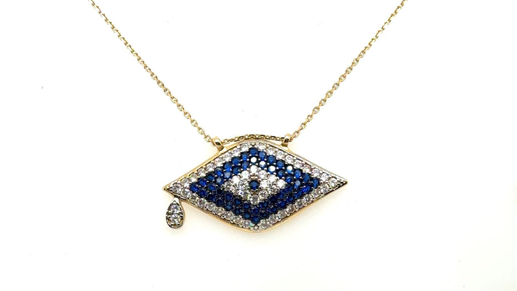 14K Gold Evil Eye Necklace with Blue & White CZ Stones