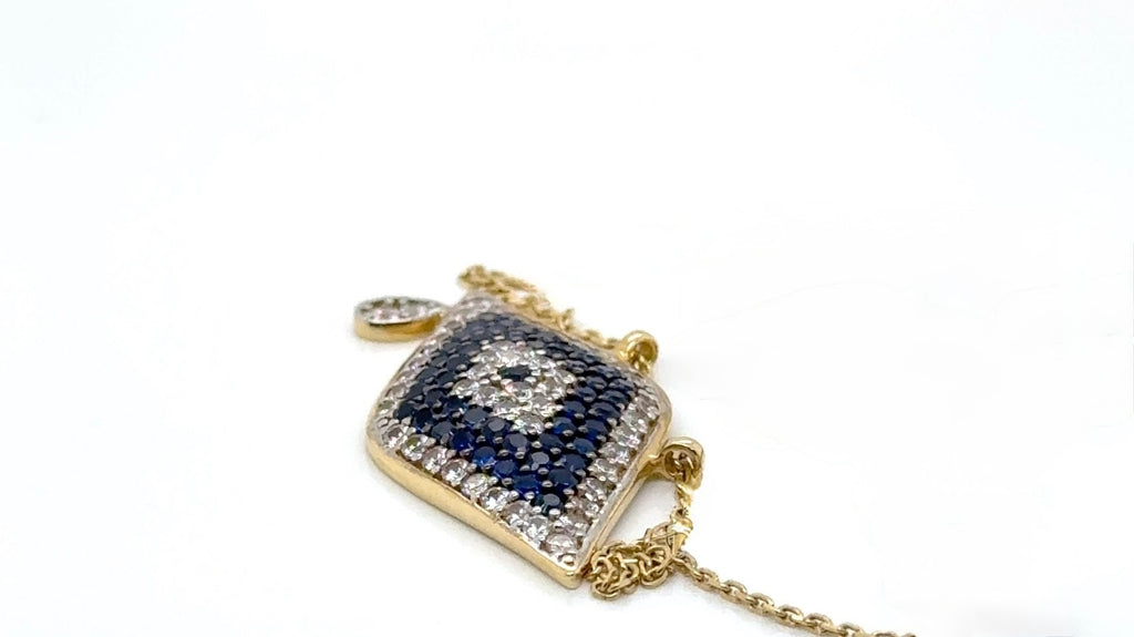 14K Gold Evil Eye Necklace with Blue & White CZ Stones