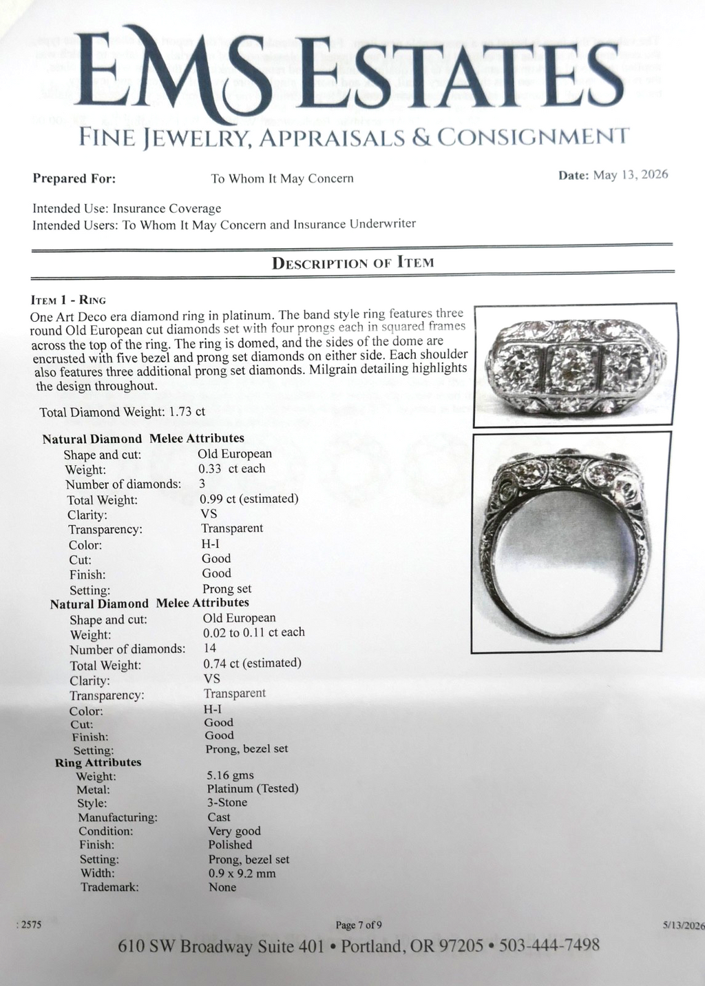 Art Deco Platinum Filigree Diamond Ring Size 6 with 1.73 tcw OEC Diamonds