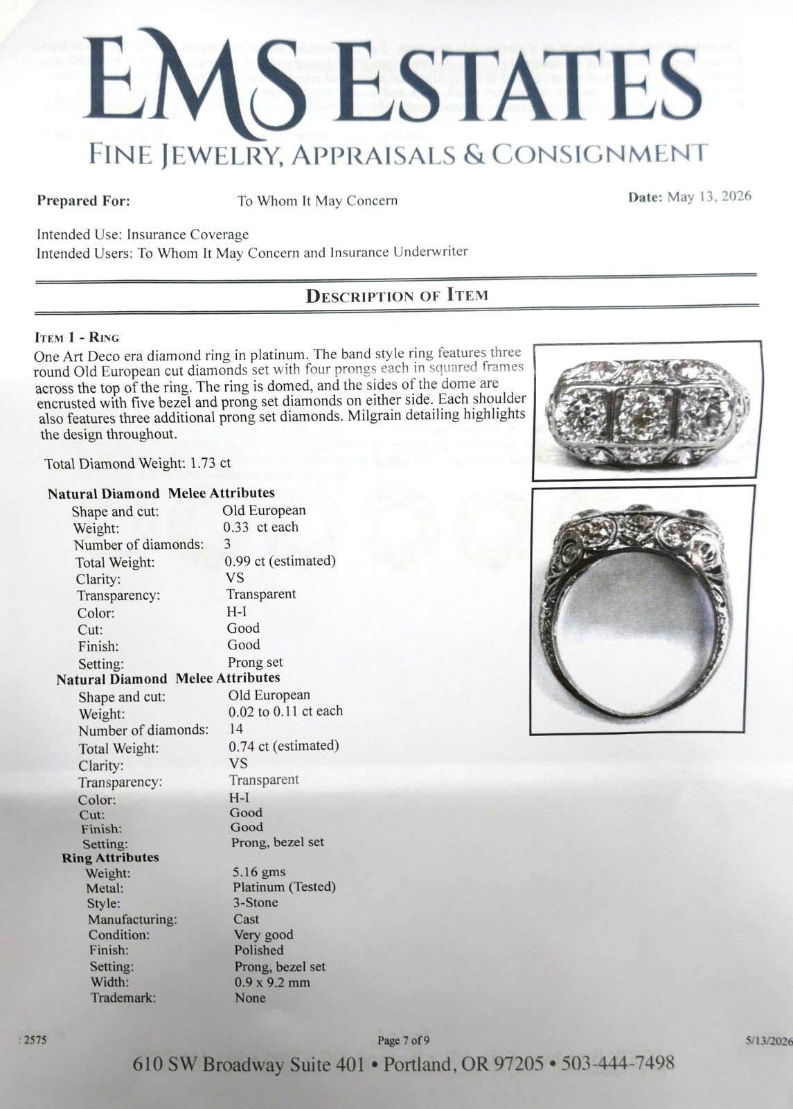 Art Deco Platinum Filigree Diamond Ring Size 6 with 1.73 tcw OEC Diamonds
