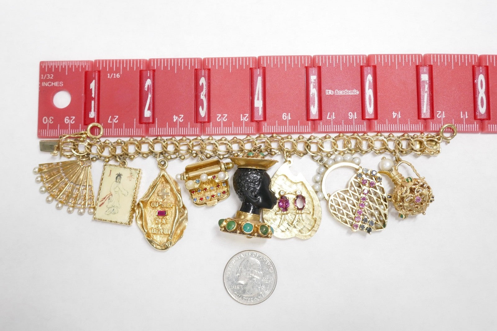 Vintage 14K Gold Charm Bracelet with 8 Large Charms