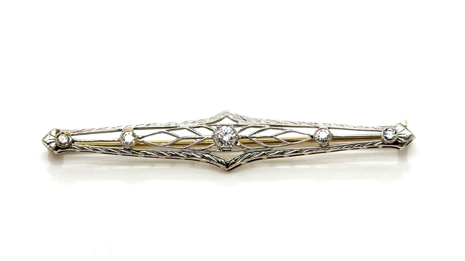 Elegant Vintage 14K Gold and Diamond Filigree Bar Pin