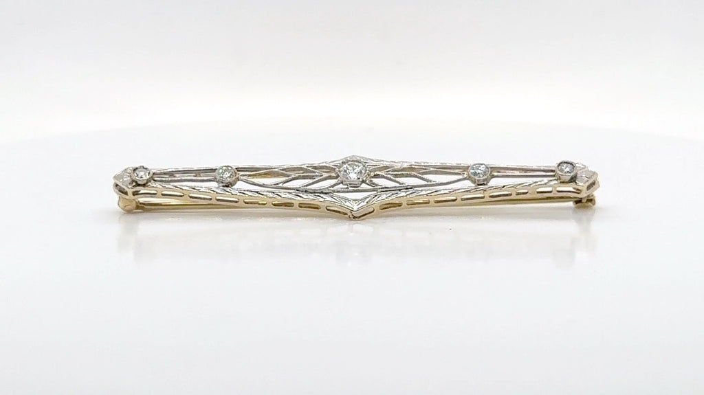 Elegant Vintage 14K Gold and Diamond Filigree Bar Pin