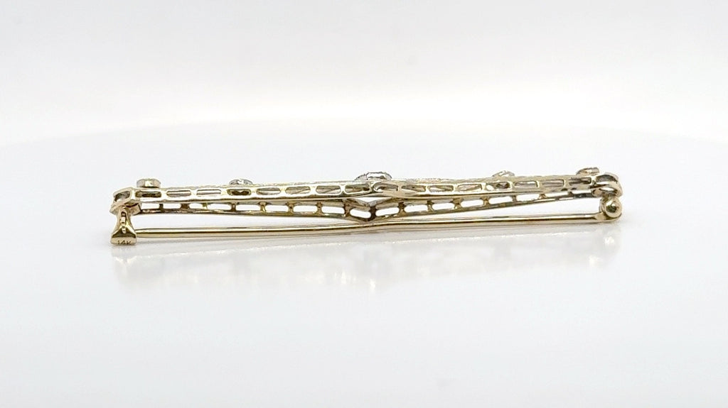 Elegant Vintage 14K Gold and Diamond Filigree Bar Pin