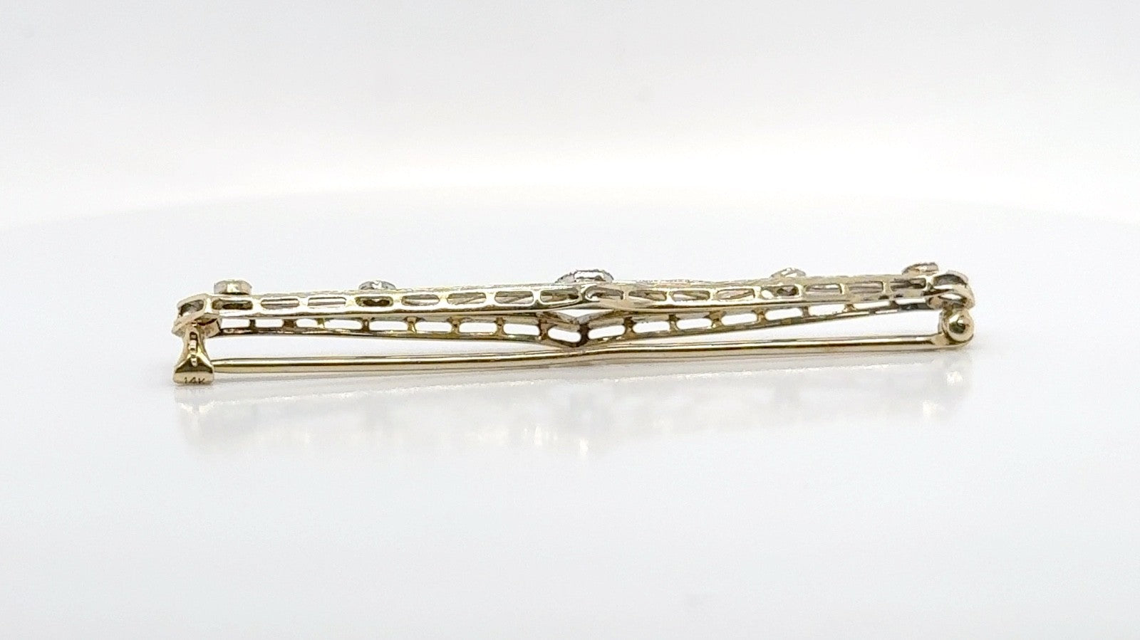 Elegant Vintage 14K Gold and Diamond Filigree Bar Pin