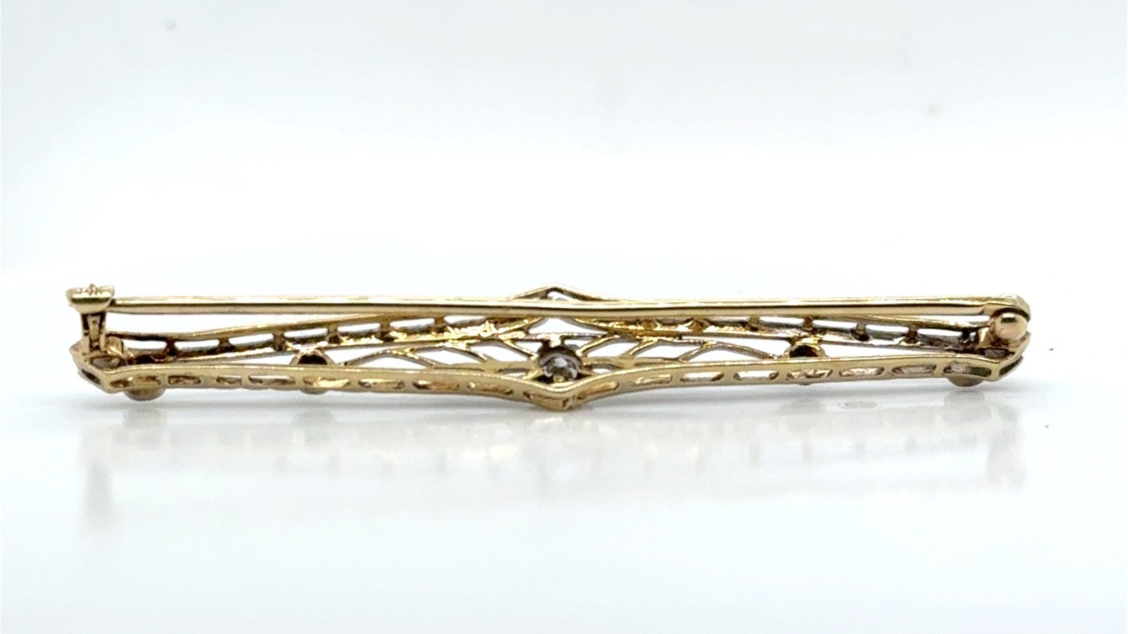 Elegant Vintage 14K Gold and Diamond Filigree Bar Pin