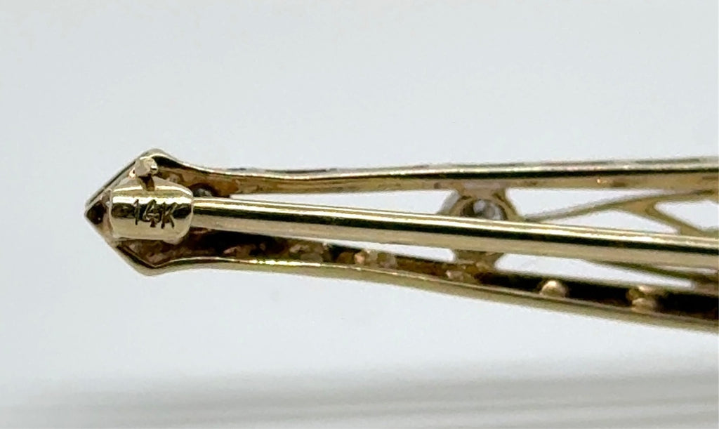 Elegant Vintage 14K Gold and Diamond Filigree Bar Pin