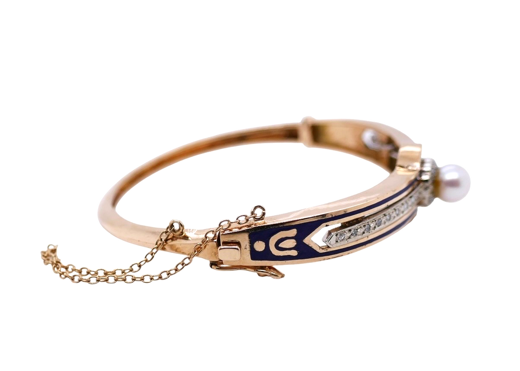 Victorian 14K Gold Bangle Bracelet Pearl & Diamond Blue Enamel Detailing