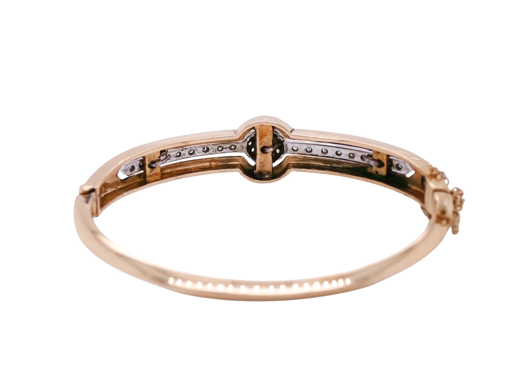 Victorian 14K Gold Bangle Bracelet Pearl & Diamond Blue Enamel Detailing
