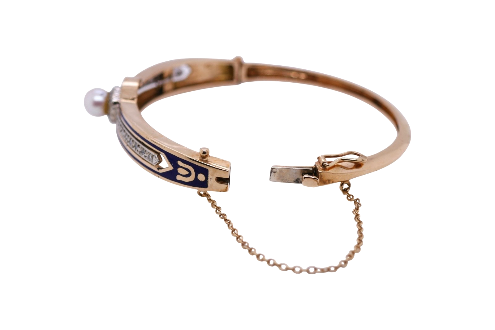 Victorian 14K Gold Bangle Bracelet Pearl & Diamond Blue Enamel Detailing
